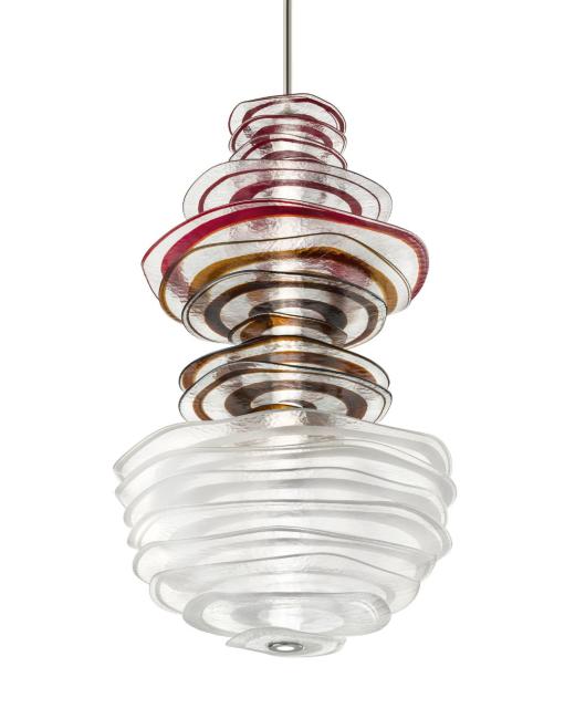 Profilo rilegge in chiave contemporanea la silhouette del lampadario classico. La composizione è formata da dischi di vetro centrifugato di diametri differenti, disposti attorno a un elemento luminoso centrale.